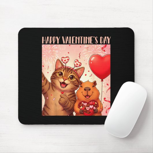 Happy Valentines 2026 Cute Cat Capybara Party Art  Mousepad (Mit Mouse)