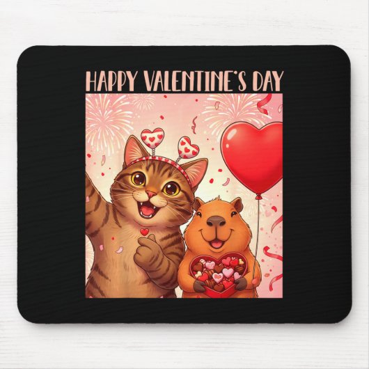 Happy Valentines 2026 Cute Cat Capybara Party Art Mousepad (Vorne)