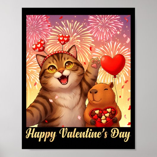 Happy Valentines 2026 Cute Cat Capybara Party Art  Poster (Vorne)