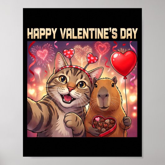 Happy Valentines 2026 Cute Cat Capybara Party Art  Poster (Vorne)