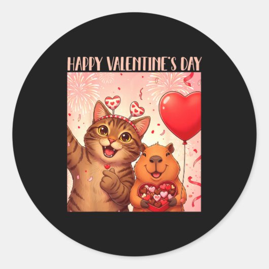 Happy Valentines 2026 Cute Cat Capybara Party Art Runder Aufkleber (Vorderseite)