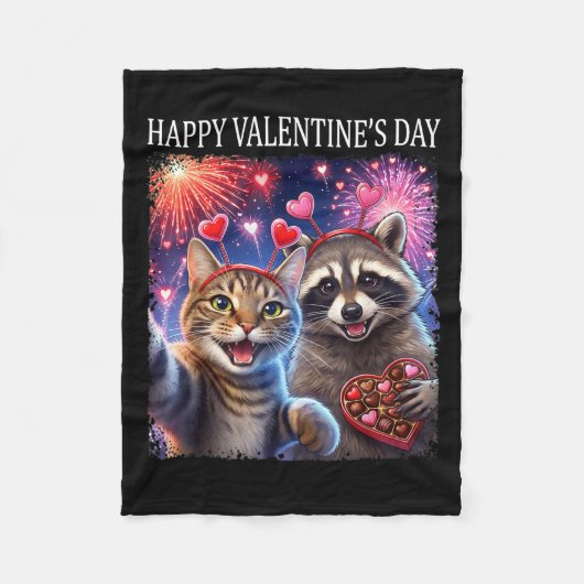 Happy Valentines 2026 Cute Cat Raccoon Party Art Fleecedecke (Vorderseite)