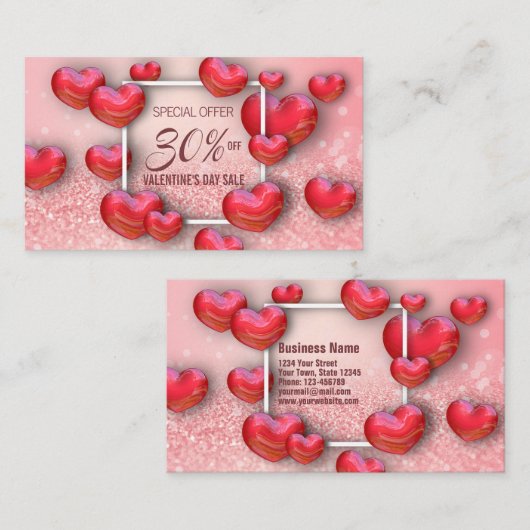 Happy Valentine's Day 3D Red Hearts Glitzer Rabattkarte (Vorne/Hinten)