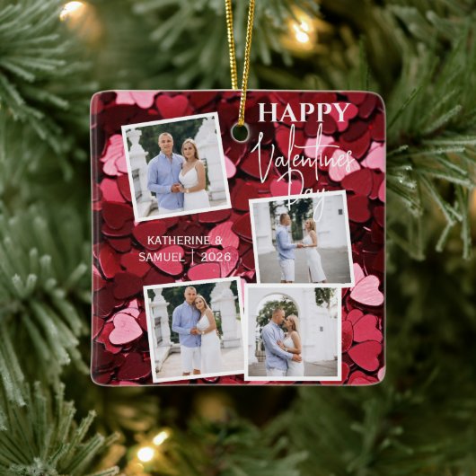 Happy Valentine's Day 4 Photo Collage Red Hearts Keramikornament (Baum)