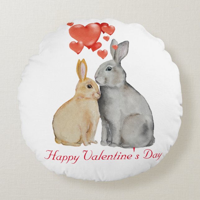 Happy Valentine's Day Aquarellbunnies Rundes Kissen (Vorderseite)