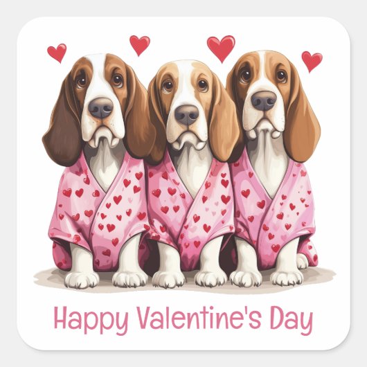 Happy Valentines Day Basset Hound Hunde Quadratischer Aufkleber (Vorderseite)
