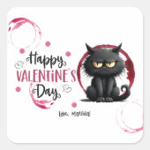 Happy Valentines Day Black Cat mit Weinbergen Quadratischer Aufkleber (Vorderseite)