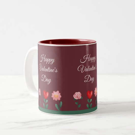Happy Valentine's Day Blume burgundy Skript Zweifarbige Tasse (Vorderseite Links)
