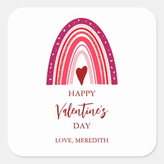 Happy Valentine's Day Boho Regenbogen & Herzen Quadratischer Aufkleber (Vorderseite)