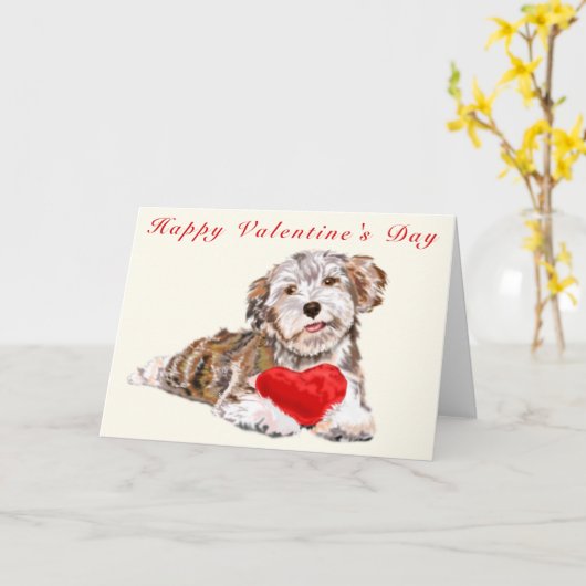 Happy Valentine's Day Card Welpe mit Herzgeschenk Karte (Gelbe Blume)