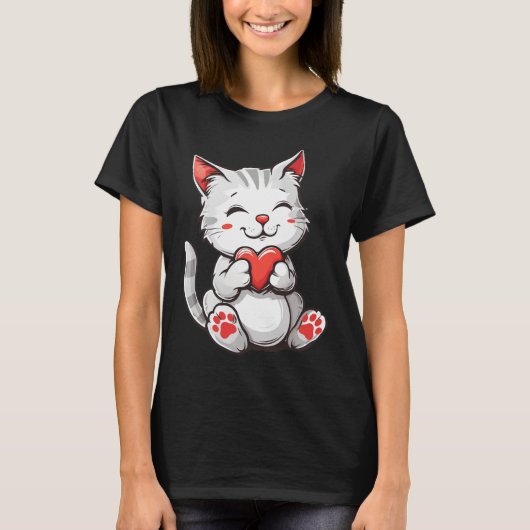 Happy Valentine's Day Cat Holding Heart T-Shirt (Vorderseite)