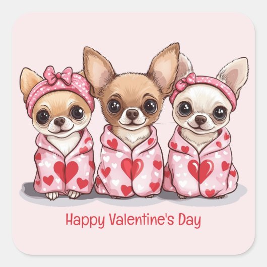 Happy Valentines Day Chihuahua Hunde Quadratischer Aufkleber (Vorderseite)