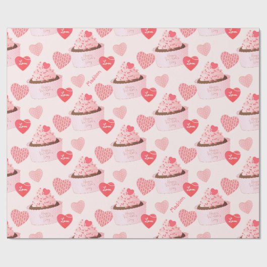 Happy Valentine's Day Cupcake and Hearts Pattern Geschenkpapier (Flach)