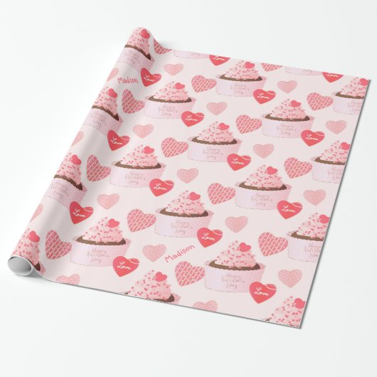 Happy Valentine's Day Cupcake and Hearts Pattern Geschenkpapier (Ungerollt)