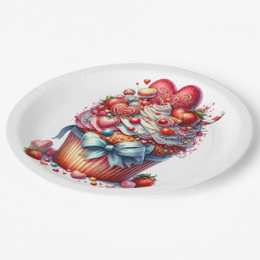 Happy Valentines Day Cupcake Pappteller (Schrägansicht)