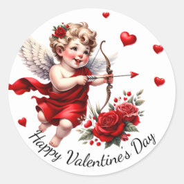 Happy Valentine's Day Cupid mit Red Hearts & Rose Runder Aufkleber