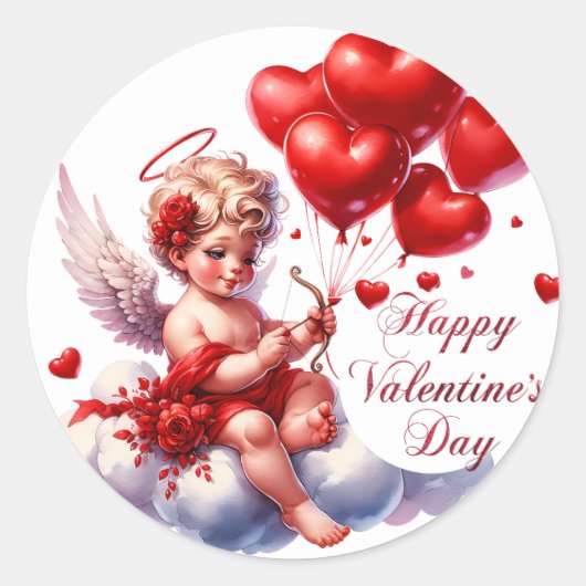 Happy Valentine's Day Cupid mit roten Herzen Runder Aufkleber (Vorderseite)