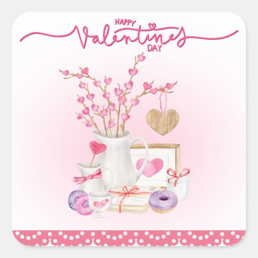 Happy Valentines Day Doughnut Vase Hearts Quadratischer Aufkleber (Vorderseite)