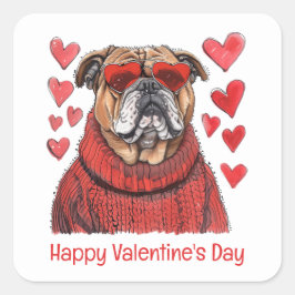 Happy Valentines Day English Bulldog Quadratischer Aufkleber