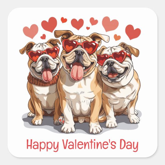 Happy Valentines Day English Bulldog Quadratischer Aufkleber (Vorderseite)