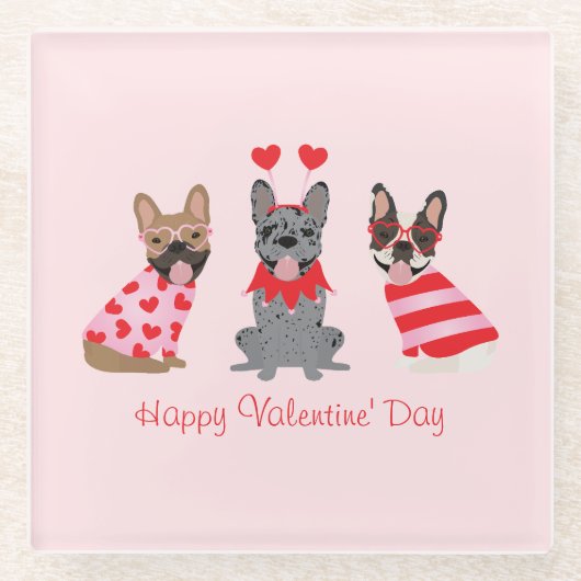 Happy Valentines Day French Bulldogs Glasuntersetzer (Vorderseite)