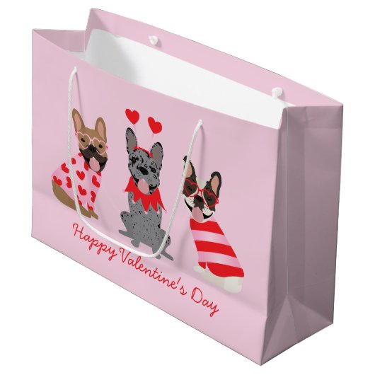 Happy Valentines Day French Bulldogs Große Geschenktüte (Vorderseite Schrägansicht)