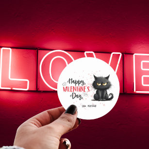 Happy Valentines Day Funny Black Cat Runder Aufkleber