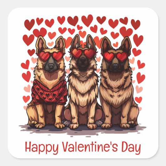 Happy Valentines Day German Shepherd Dogs Quadratischer Aufkleber (Vorderseite)