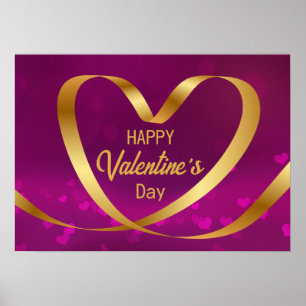 Happy Valentine's Day Gold Heart Ribbon Lila Poster
