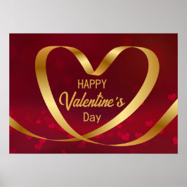 Happy Valentine's Day Gold Heart Ribbon Red Poster