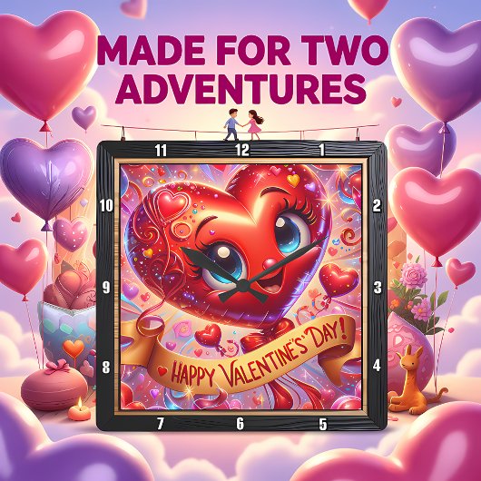 Happy Valentines Day Heart Character Quadratische Wanduhr