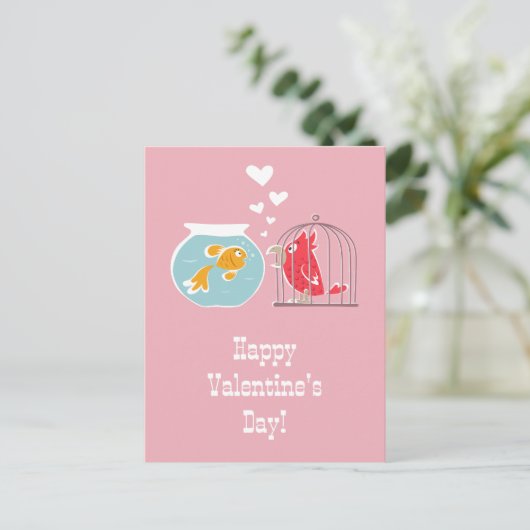 Happy Valentine's Day Heart Red Parrot Golden Fish Postkarte (Stehend Vorderseite)