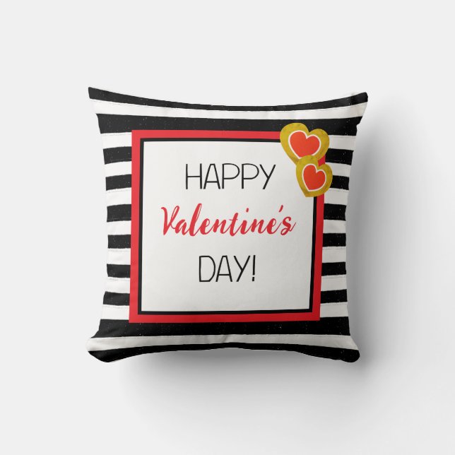 Happy Valentine's Day Hearts Black Stripes Geschen Kissen (Vorderseite)