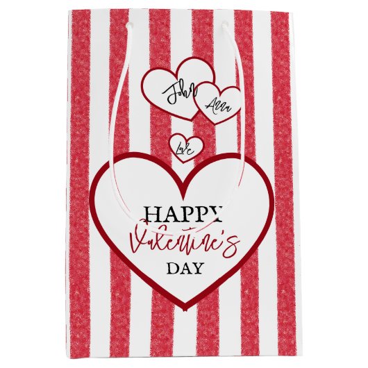 Happy Valentine's Day Hearts Chalk Stripes Mittlere Geschenktüte (Vorderseite)