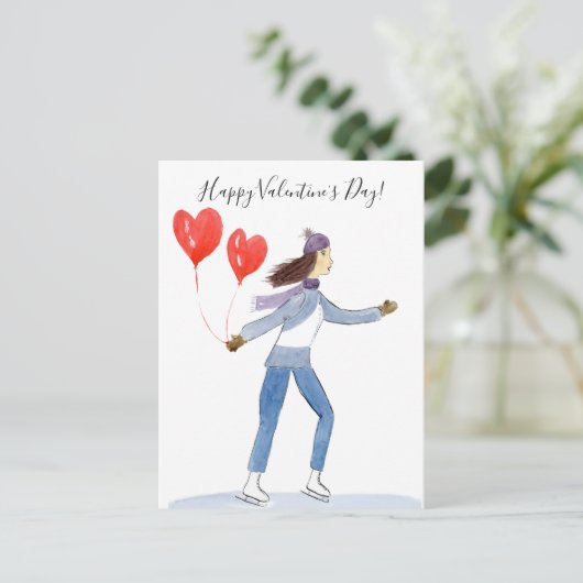 Happy Valentine's Day Ice Skater Wasserfarbe Postkarte (Stehend Vorderseite)