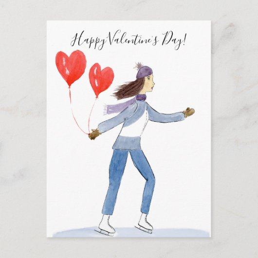 Happy Valentine's Day Ice Skater Wasserfarbe Postkarte (Vorderseite)