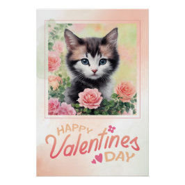 Happy Valentine's Day Kitten Peach Rose Poster