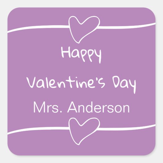 Happy Valentine's Day Lavender White Teacher Name Quadratischer Aufkleber (Vorderseite)