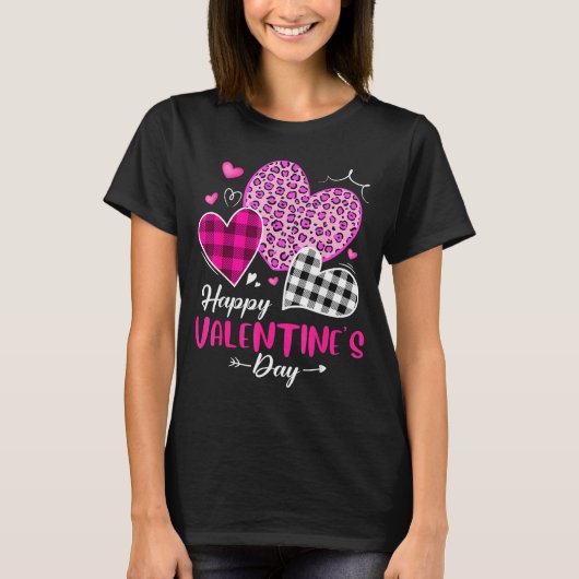 Happy Valentine's Day Leopard And Plaid Hearts Gir T-Shirt (Vorderseite)