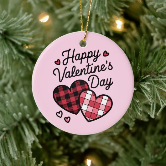 Happy Valentines Day Leopard Karierte Liebe Herz Keramik Ornament (Baum)