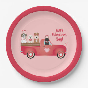Happy Valentines Day Lieferwagen LKW Liebe Hunde Pappteller