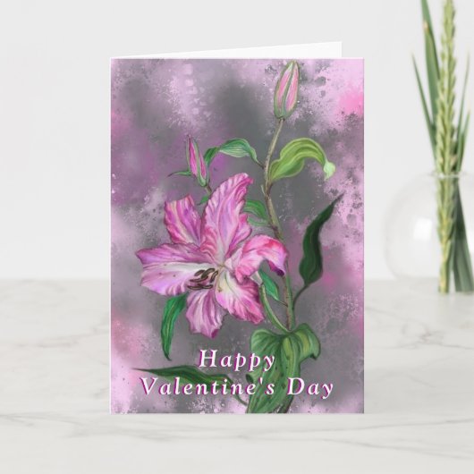 Happy Valentine's Day - Lila Pink Lily Blume Karte (Vorderseite)