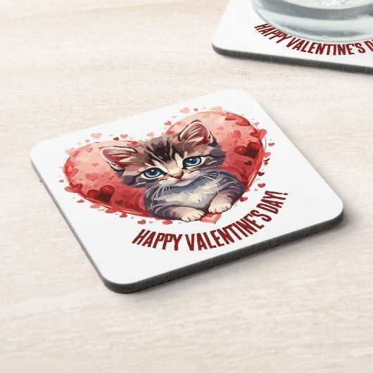 Happy Valentine's Day Little Kitten with Heart Getränkeuntersetzer (Linke Seite)