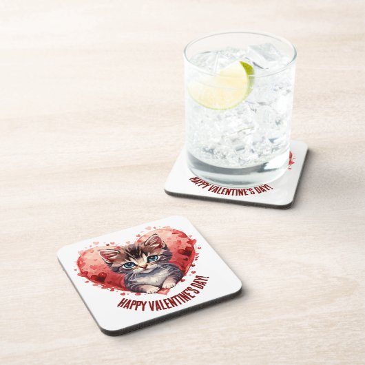 Happy Valentine's Day Little Kitten with Heart Getränkeuntersetzer (Rechte Seite)