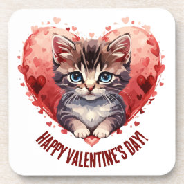 Happy Valentine's Day Little Kitten with Heart Getränkeuntersetzer