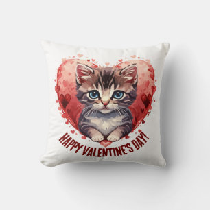 Happy Valentine's Day Little Kitten with Heart Kissen