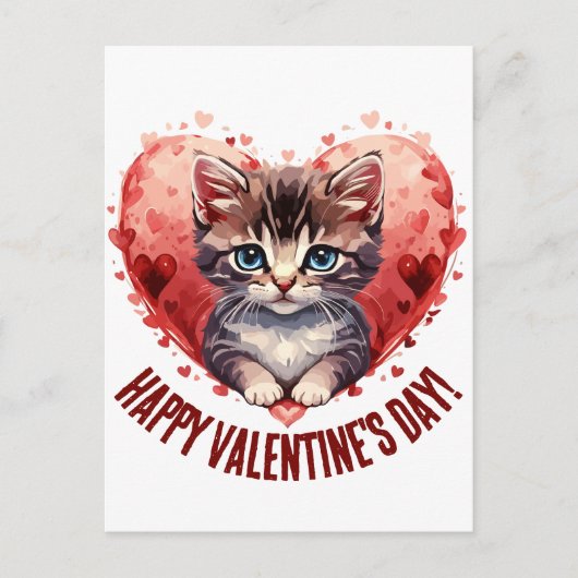 Happy Valentine's Day Little Kitten with Heart Postkarte (Vorderseite)
