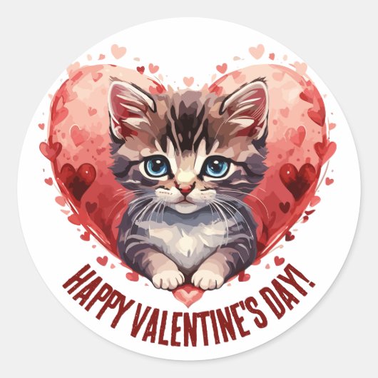 Happy Valentine's Day Little Kitten with Heart Runder Aufkleber (Vorderseite)