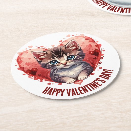 Happy Valentine's Day Little Kitten with Heart Runder Pappuntersetzer (Angewinkelt)