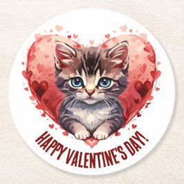 Happy Valentine's Day Little Kitten with Heart Runder Pappuntersetzer